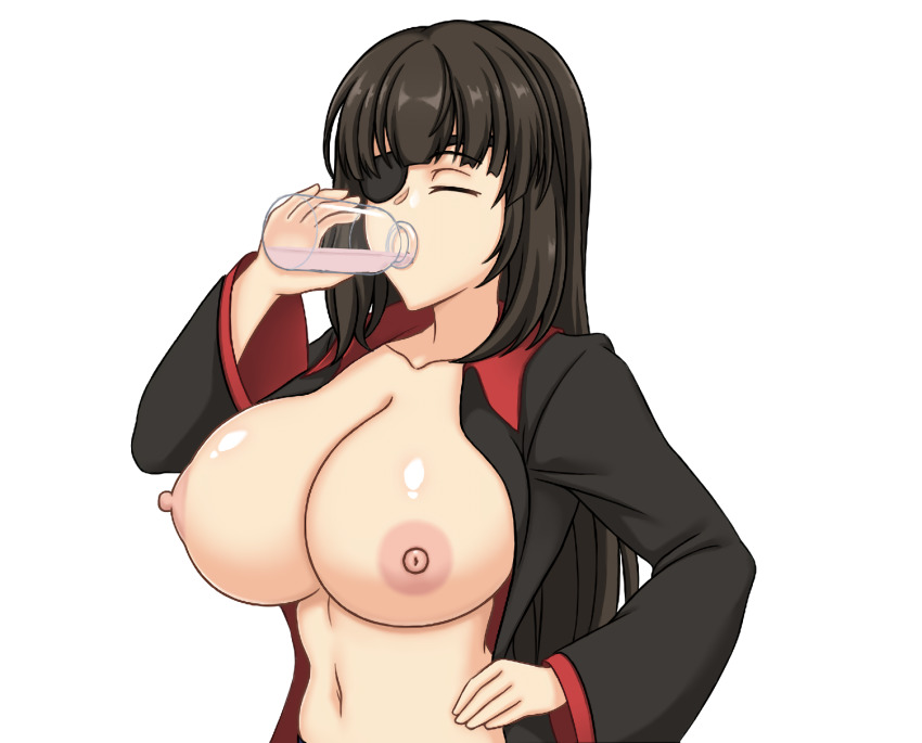 1girl breasts brown_hair closed_eyes drinking eyepatch hand_on_own_hip highres huge_breasts long_hair milk navel nipples original solo tomboyist topless