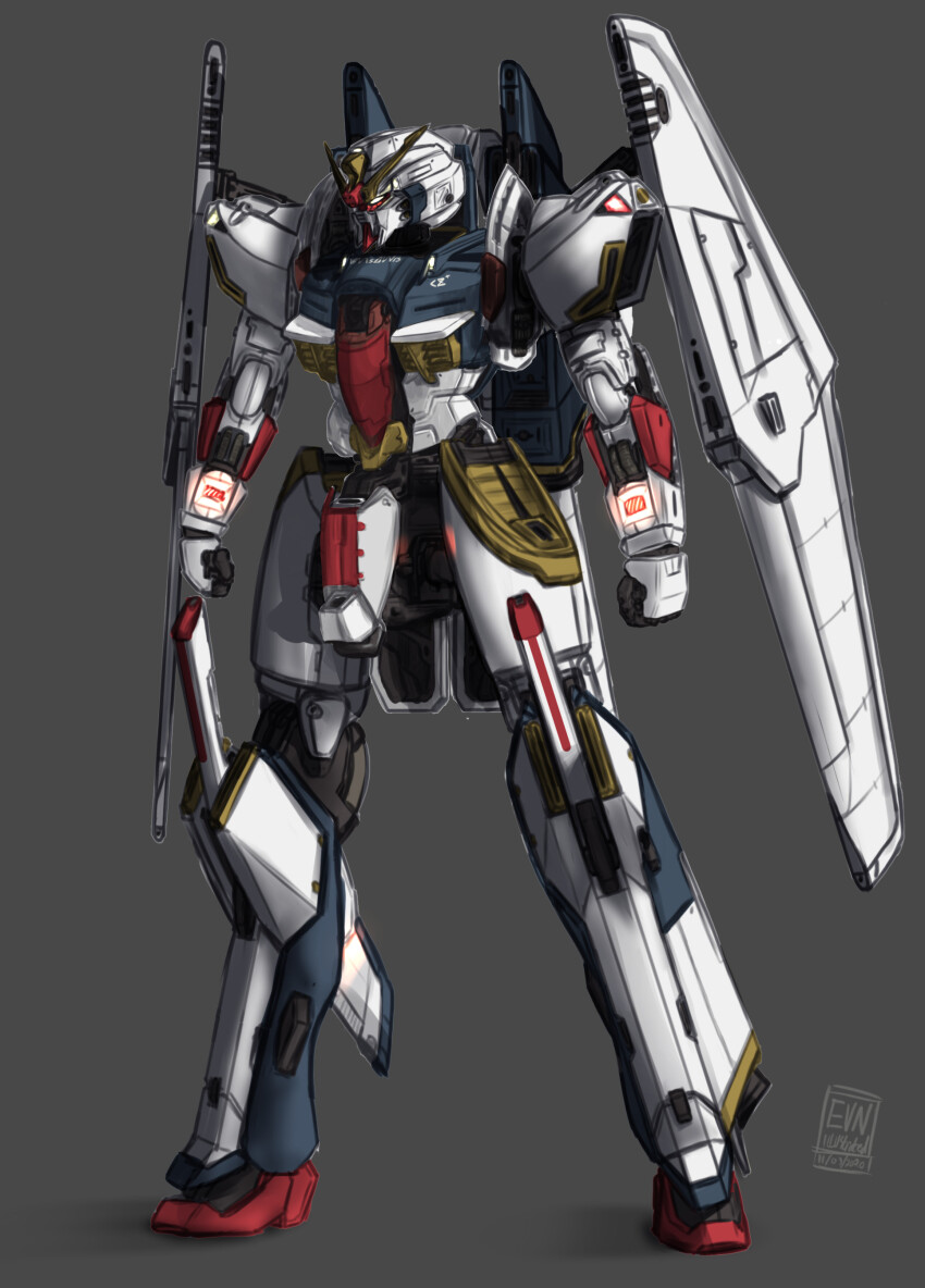 absurdres commentary concept_art english_commentary evn_(evnillustrated) grey_background gundam gundam_sentinel highres lineart machinery mecha mecha_focus mobile_suit no_humans original redesign robot science_fiction signature sketch v-fin zeta_plus