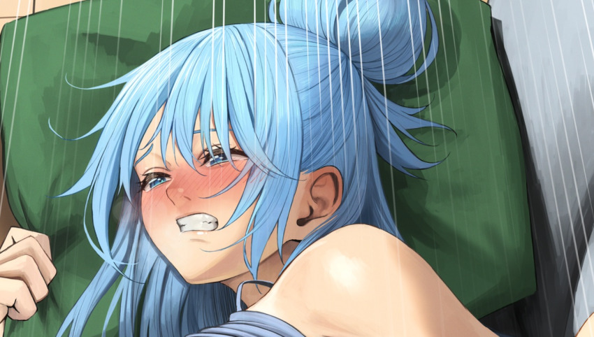 1girl aqua_(konosuba) blue_eyes blue_hair blush clenched_teeth hair_bun implied_sex izawa_(bhive003) kono_subarashii_sekai_ni_shukufuku_wo! long_hair lying on_side pillow pillow_grab shiny_skin single_bare_shoulder single_hair_bun solo speed_lines tearing_up teeth