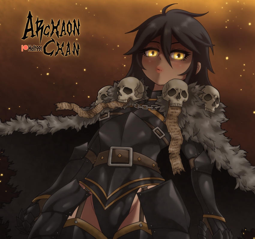 1girl absurdres archaon_the_everchosen armored_leotard black_hair brown_sky cape character_name cloud cloudy_sky fur_cape gauntlets glowing glowing_eyes hellcross_(dkrejd2000) highres leotard looking_at_viewer outdoors short_hair skull sky solo warhammer_fantasy yellow_eyes