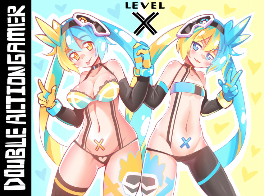 2girls :3 aqua_eyes aqua_gloves aqua_hair black_panties black_thighhighs blue_background blue_bra blush bra breasts character_tattoo choker cleavage collarbone ditienan_ddn double_action_gamer_level_x flat_chest gloves hair_ornament hairband heart heart_background heart_print highres holding_hands kamen_rider kamen_rider_ex-aid kamen_rider_ex-aid_(series) large_breasts leg_tattoo long_hair looking_at_viewer multicolored_hair multiple_girls navel open_mouth orange_bra orange_eyes orange_gloves orange_hair panties personification print_panties rider-tan siblings single_thighhigh sisters smile standing stomach_tattoo strapless strapless_bra tattoo thighhighs tongue tongue_out twins twintails two-tone_background two-tone_hair underwear v yellow_background