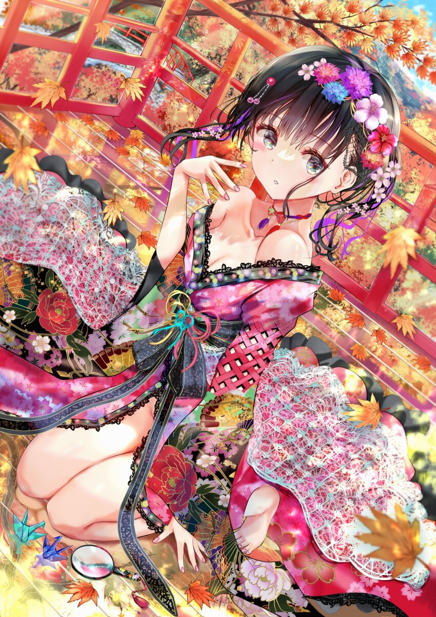 1girl absurdres autumn autumn_leaves black_hair blue_eyes blue_flower breasts cleavage collarbone day dutch_angle floating_hair flower hair_between_eyes hair_flower hair_ornament highres japanese_clothes kimono kneeling leaf long_hair long_sleeves looking_at_viewer maple_leaf multicolored_hair nail_polish no_panties ogata_tei original outdoors parted_lips pink_hair pink_nails purple_flower red_flower red_kimono small_breasts solo two-tone_hair