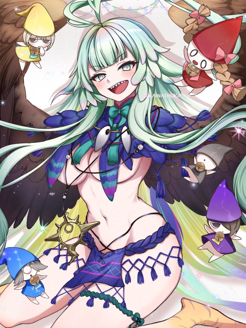 1girl ahoge bird_legs blue_loincloth blush bow breasts commentary_request fate/grand_order fate_(series) feathered_wings feathers green_hair grey_eyes harpy highres jewelry kawairuka_ko large_breasts long_hair looking_at_viewer louhi_(fate) louhi_(third_ascension)_(fate) monster_girl navel necklace open_mouth revealing_clothes sharp_teeth sidelocks smile solo solo_focus teeth thighs winged_arms wings