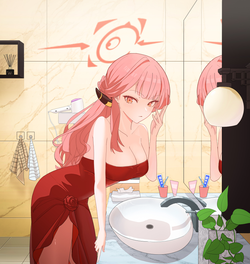 1girl absurdres aru_(blue_archive) aru_(dress)_(blue_archive) blue_archive breasts brown_horns cleavage demon_horns dress halo highres horns large_breasts medium_breasts official_alternate_costume pink_eyes pink_hair pink_halo red_dress rroc_(rrck11) sink solo strapless strapless_dress towel