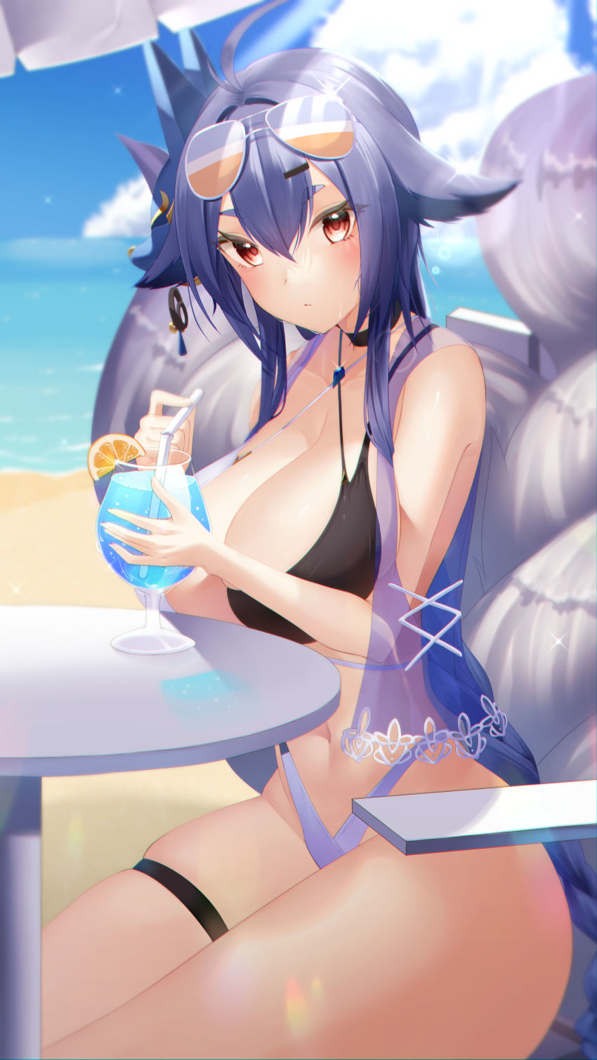 1girl absurdres animal_ears antenna_hair azur_lane bare_shoulders beach beach_umbrella blue_sky breasts choker cleavage cloud cloudy_sky collarbone commentary_request cup drink drinking_glass drinking_straw earrings fox_ears fox_girl fox_tail hair_between_eyes highres horizon jewelry kitsune kyuubi long_hair looking_at_viewer midriff multiple_tails navel ocean official_alternate_costume orange_eyes seele0907 sidelocks silver_hair sitting sky smile solo spaghetti_strap sunglasses table tail thick_thighs thighs tosa_(azur_lane) tosa_(hometown_zest)_(azur_lane) umbrella