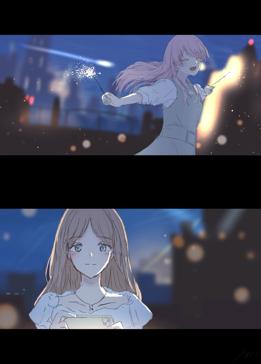 2girls absurdres bang_dream! bang_dream!_it&#039;s_mygo!!!!! blue_eyes blurry blurry_background brown_hair building cellphone chihaya_anon closed_eyes closed_mouth commentary_request dress fireworks grey_dress highres holding holding_fireworks holding_phone honkai:_star_rail honkai_(series) iwtu1810 jewelry long_hair long_sleeves looking_at_another multiple_girls nagasaki_soyo necklace night open_mouth outdoors phone pinafore_dress pink_hair shirt sleeveless sleeveless_dress smartphone smile sparkler white_shirt