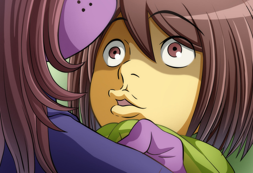 1girl 1other brown_eyes brown_hair clothes_grab colored_skin commentary_request deltarune eureka_seven eureka_seven_(series) highres kris_(deltarune) kusaremix lips long_hair looking_at_another meme nijiura_7_(meme) open_mouth purple_skin shaded_face shirt_grab short_hair susie_(deltarune) upper_body