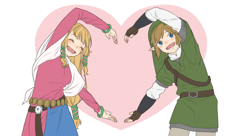 blonde_hair brown_hair closed_eyes dress fingerless_gloves gloves green_headwear green_tunic heart heart_arms_duo highres link long_hair looking_at_viewer maya_(mayamayammy) nintendo open_mouth pink_dress princess_zelda shawl smile the_legend_of_zelda the_legend_of_zelda:_skyward_sword tunic white_shawl