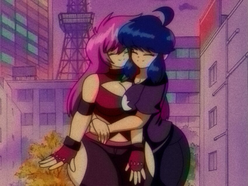 1990s_(style) 2girls ahoge bare_shoulders belt black_pants breasts building city cleavage closed_eyes commission curvy dot_nose eyelashes female_focus fingerless_gloves gloves hug large_breasts long_hair lueduar multiple_girls outstretched_arms pants pink_hair purple_hair purple_pants purple_shirt red_gloves retro_artstyle shiny_skin shirt short_hair smile thick_thighs thighs transmission_tower tree wide_hips window