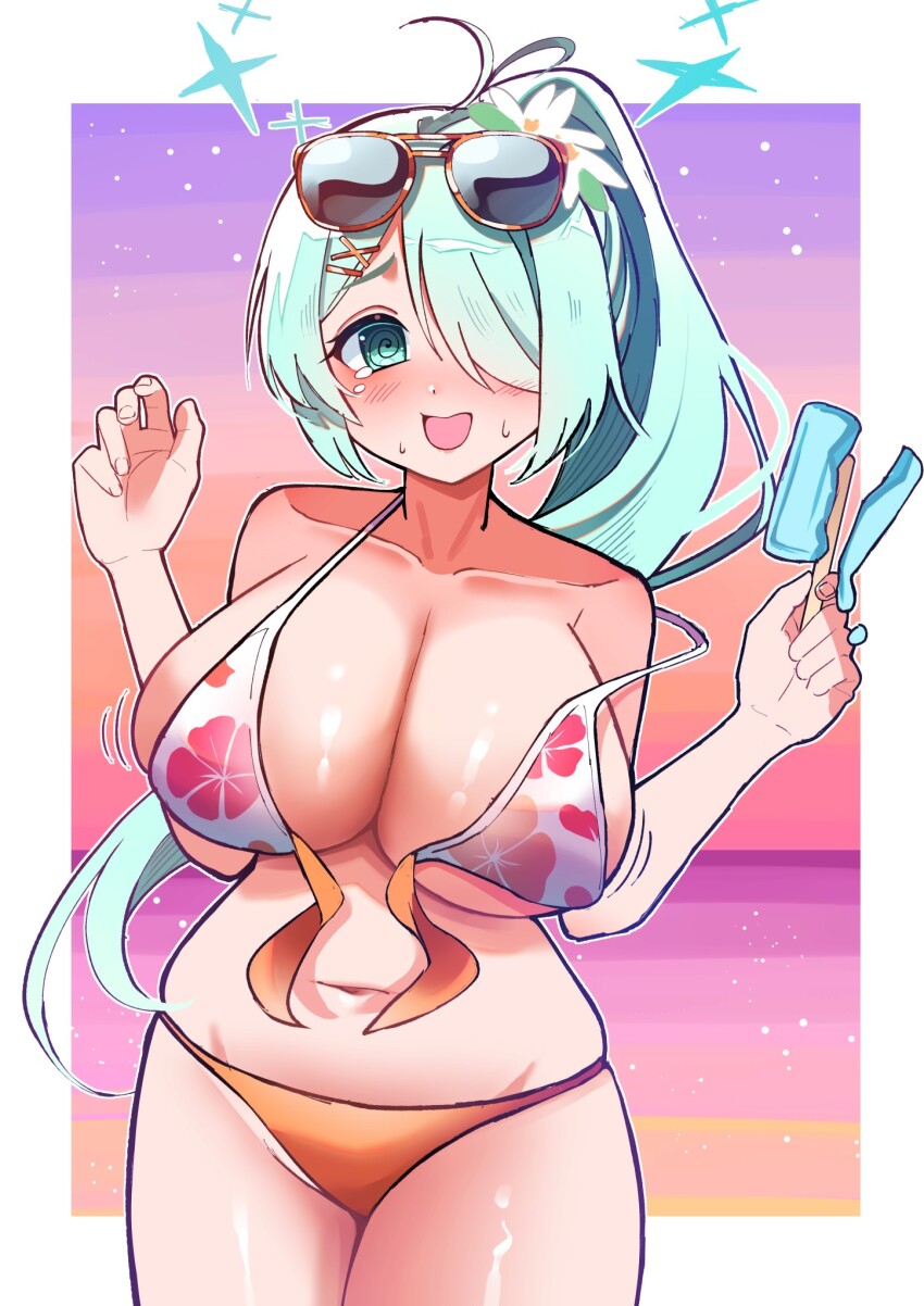 1girl @_@ ahoge aqua_eyes aqua_hair bikini blue_archive breasts cowboy_shot flustered food hair_over_one_eye highres hiyori_(blue_archive) hiyori_(swimsuit)_(blue_archive) holding holding_food holding_popsicle huge_breasts i-nn navel nervous_smile plump ponytail popsicle smile solo sunglasses swimsuit thick_thighs thighs untied_bikini_top wardrobe_malfunction