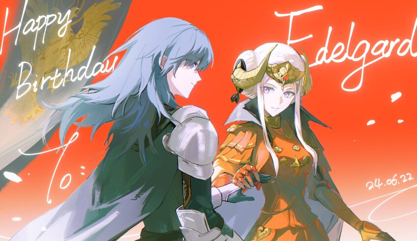 2girls armor artuvia blue_hair byleth_(female)_(fire_emblem) byleth_(fire_emblem) cape crown double_bun dress edelgard_von_hresvelg fire_emblem fire_emblem:_three_houses hair_bun highres holding_hands horns multiple_girls nintendo purple_eyes red_cape smile white_hair yuri