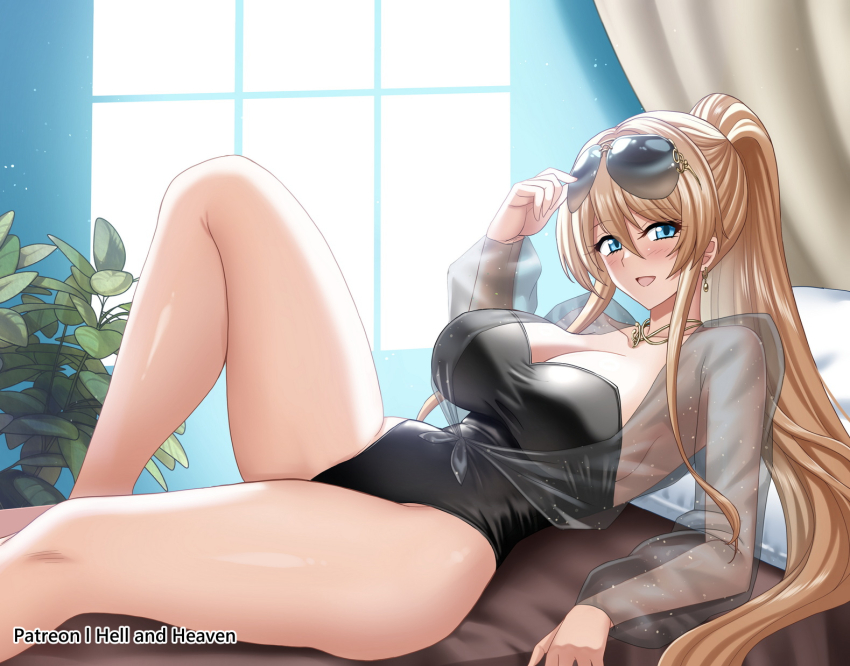 1girl azur_lane bed bismarck_(azur_lane) bismarck_zwei_(azur_lane) bismarck_zwei_(crystal-clear_holiday)_(azur_lane) black_one-piece_swimsuit blonde_hair blue_eyes breasts casual_one-piece_swimsuit eyewear_on_head feet_out_of_frame hair_between_eyes hellandheaven highleg highleg_one-piece_swimsuit highres indoors large_breasts long_hair one-piece_swimsuit plant see-through_clothes see-through_shirt shirt smile solo strapless strapless_one-piece_swimsuit sunglasses swimsuit tied_shirt very_long_hair window