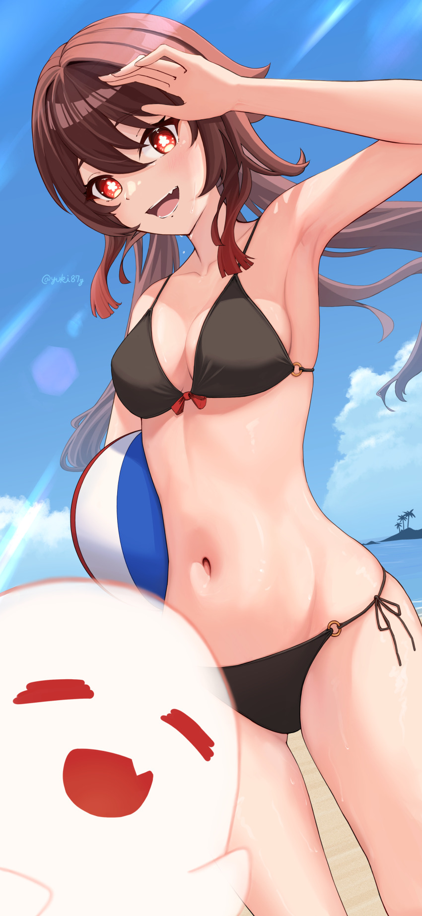 1girl absurdres ball beach beachball bikini black_bikini blue_sky breasts brown_hair cloud creature day dutch_angle fang flower-shaped_pupils genshin_impact highres horizon hu_tao_(genshin_impact) long_hair looking_at_viewer medium_breasts navel ocean outdoors red_eyes salute side-tie_bikini_bottom sky swimsuit symbol-shaped_pupils twintails yanagi_(yuki87g)