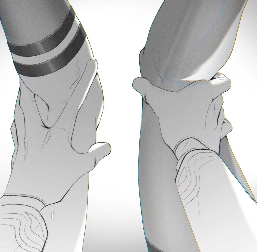 2girls backlighting chromatic_aberration close-up commentary derivative_work english_commentary female_pov gloves greyscale hand_focus highres hololive hololive_english kneehighs leg_focus leg_only long_sleeves monochrome multiple_girls nanashi_mumei nanashi_mumei_(1st_costume) official_alternate_costume ouro_kronii ouro_kronii_(4th_costume) pov pov_hands sheepinsleepin shin_strap simple_background single_kneehigh single_sock socks sweatdrop virtual_youtuber white_background yuri