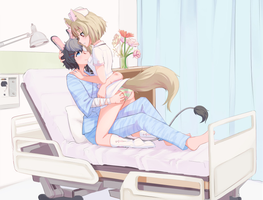 2girls animal_ears bed blue_eyes blue_pajamas brown_hair character_request commentary_request fennery_(show_by_rock!!) flower fox_ears fox_tail hand_on_own_ass hat highres hiwonoafu light_brown_hair long_sleeves multicolored_hair multiple_girls nurse nurse_cap on_bed pajamas piercing pink_flower red_flower short_hair show_by_rock!! smile tail two-tone_hair yuri