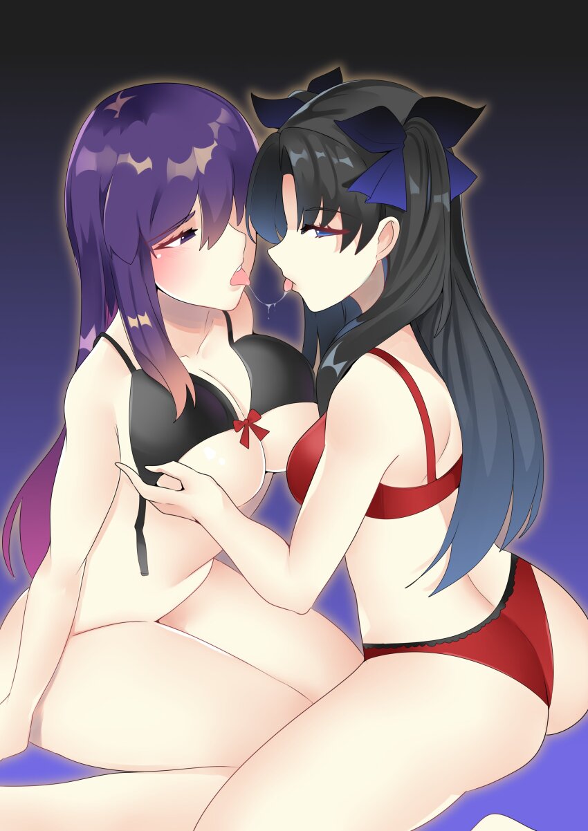 2girls absurdres after_kiss ass breasts fate/stay_night fate_(series) highres incest kiss kuroeart long_hair looking_at_another looking_at_viewer matou_sakura multiple_girls saliva saliva_trail siblings sisters tagme tohsaka_rin undressing_another yuri