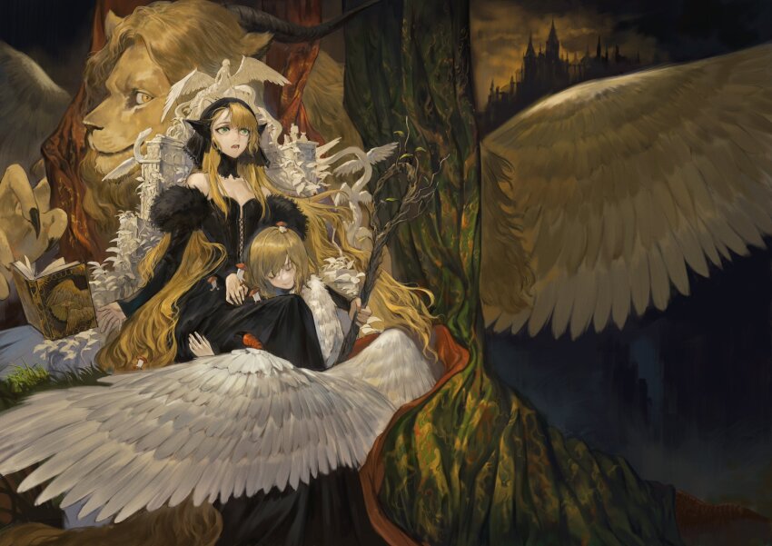 2girls bare_shoulders black_dress blonde_hair book castle dress dungeon_meshi falin_touden falin_touden_(chimera) feathered_wings highres long_hair marcille_donato marcille_donato_(lord) multiple_girls sitting staff tree very_long_hair walking_mushroom_(dungeon_meshi) winged_lion_(dungeon_meshi) wings xinuo223