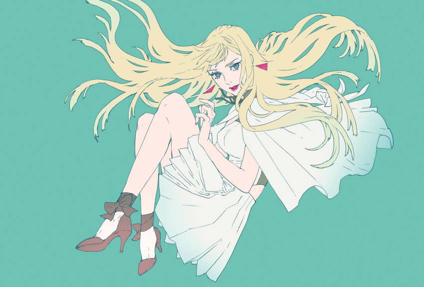 1girl blonde_hair blue_eyes capelet clothing_cutout dress earrings eyelashes floating floating_hair gigi_andalusia gundam gundam_hathaway&#039;s_flash high_heels highres jewelry lips lipstick long_hair makeup nail_polish npn pink_lips pink_nails solo triangle_earrings white_capelet white_dress