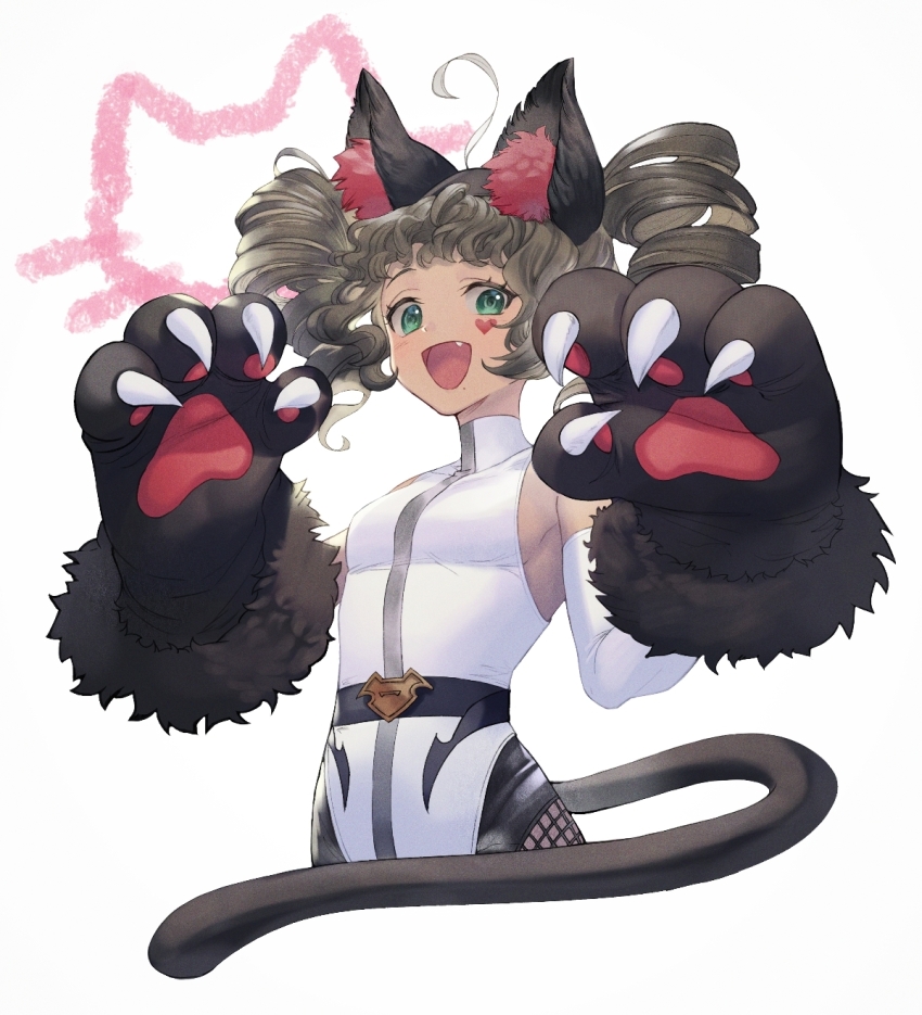 1girl :d animal_ear_fluff animal_ears animal_hands bare_shoulders black_gloves black_hair black_tail breasts cat_ears cat_tail commentary cropped_torso detached_sleeves drill_hair facial_mark fake_animal_ears fang fur-trimmed_gloves fur_trim gloves green_eyes hands_up heart heart_facial_mark heattech_leotard highres kanjira leotard looking_at_viewer medium_hair mmihpyy official_alternate_costume open_mouth paw_gloves reverse:1999 small_breasts smile solo tail turtleneck twin_drills upper_body white_background white_leotard white_sleeves