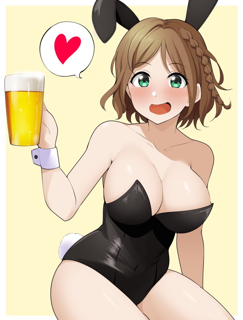 1girl alcohol animal_ears barkhorn0331 beer beer_mug black_leotard border braid brown_hair cinderella_series covered_navel cowboy_shot cup drunk fake_animal_ears fake_tail green_eyes hachigatsu_no_cinderella_nine heart highleg highleg_leotard highres holding holding_cup kakehashi_momoko leotard mug open_mouth outside_border playboy_bunny rabbit_ears rabbit_tail short_hair side_braid single_braid sitting solo spoken_heart strapless strapless_leotard tail white_border wrist_cuffs yellow_background