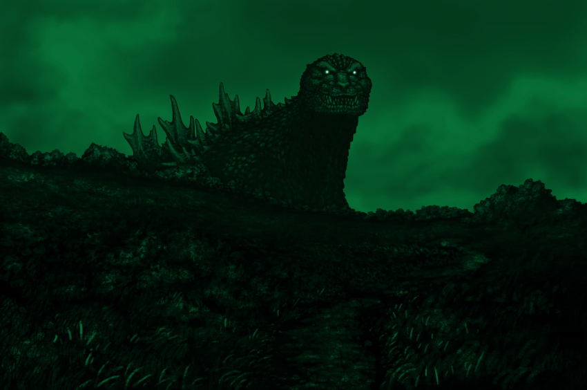 cloud cloudy_sky dinosaur giant giant_monster glowing glowing_eyes godzilla godzilla_(series) godzilla_minus_one grass highres horror_(theme) kaiju katou_yuu looking_at_viewer monster night night_vision sharp_teeth sky teeth toho white_eyes