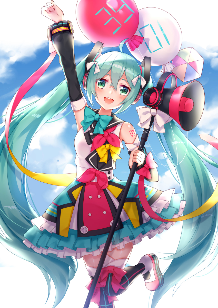 1girl :d absurdres ahoge arm_up balloon bare_shoulders black_sailor_collar black_thighhighs blue_bow blue_sky blush bow cloud commentary_request day detached_sleeves female_focus green_eyes green_hair hair_between_eyes hair_ribbon hatsune_miku highres holding long_hair long_sleeves magical_mirai_(vocaloid) magical_mirai_miku magical_mirai_miku_(2018) megaphone neckerchief open_mouth outdoors pink_neckerchief puffy_long_sleeves puffy_sleeves red_balloon ribbon sailor_collar school_uniform serafuku shirt shoes sidelocks skirt sky sleeveless sleeveless_shirt sll smile solo standing standing_on_one_leg teeth thighhighs twintails upper_teeth_only uwabaki very_long_hair vocaloid white_footwear white_ribbon white_shirt white_skirt yellow_bow