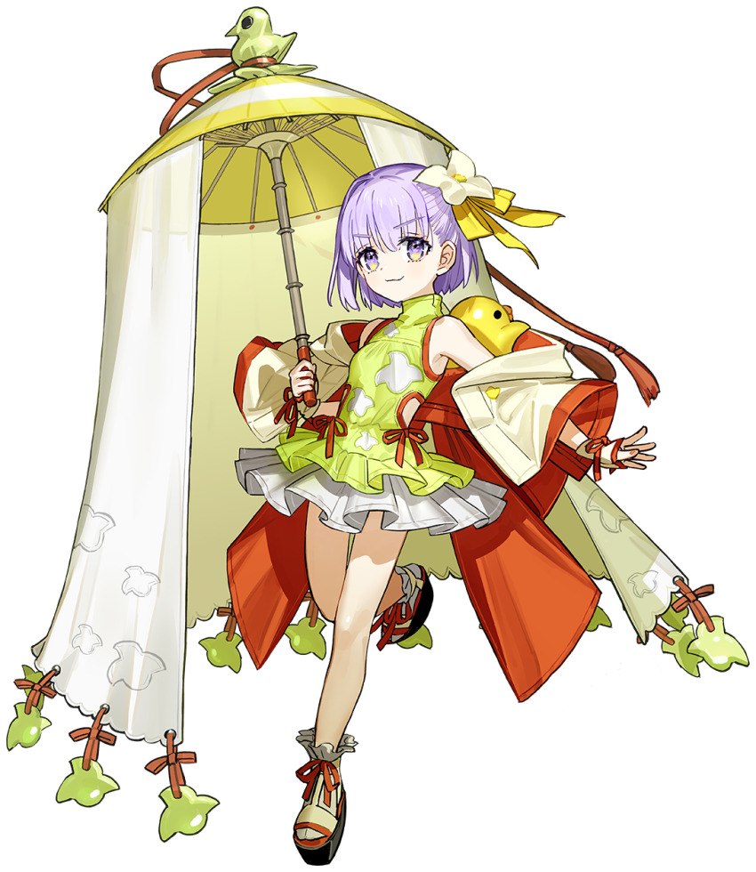 1girl bare_shoulders breasts dress fate/grand_order fate_(series) fingerless_gloves full_body game_cg gloves green_dress hair_ribbon highres jacket kazuradrop_(fate) kazuradrop_(third_ascension)_(fate) looking_at_viewer off_shoulder official_art oil-paper_umbrella outline purple_eyes purple_hair ribbon short_hair small_breasts smile solo standing standing_on_one_leg tachi-e transparent_background umbrella wada_arco white_outline yellow_ribbon