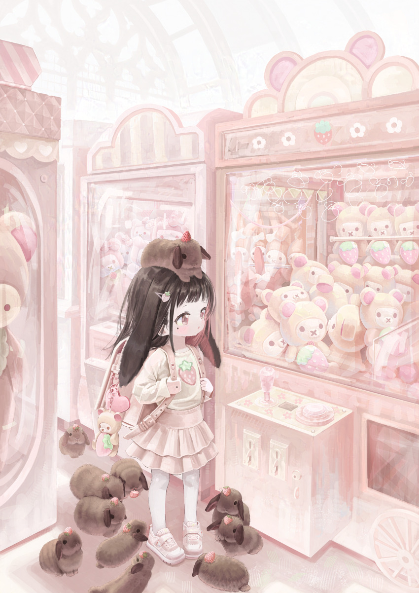 1girl :o :x absurdres animal animal_ears animal_on_head backpack bag black_hair blush brown_eyes claw_mark commentary_request doubutsunoujyou floppy_ears food food-themed_hair_ornament food_print fruit hair_ornament hairclip highres layered_skirt long_sleeves mole mole_under_eye on_head original pantyhose parted_lips pigeon-toed pink_footwear pink_skirt pleated_skirt print_shirt rabbit rabbit_ears randoseru shirt shoes skirt sleeves_past_wrists solo standing strawberry strawberry_hair_ornament strawberry_print stuffed_animal stuffed_toy teddy_bear white_pantyhose white_shirt