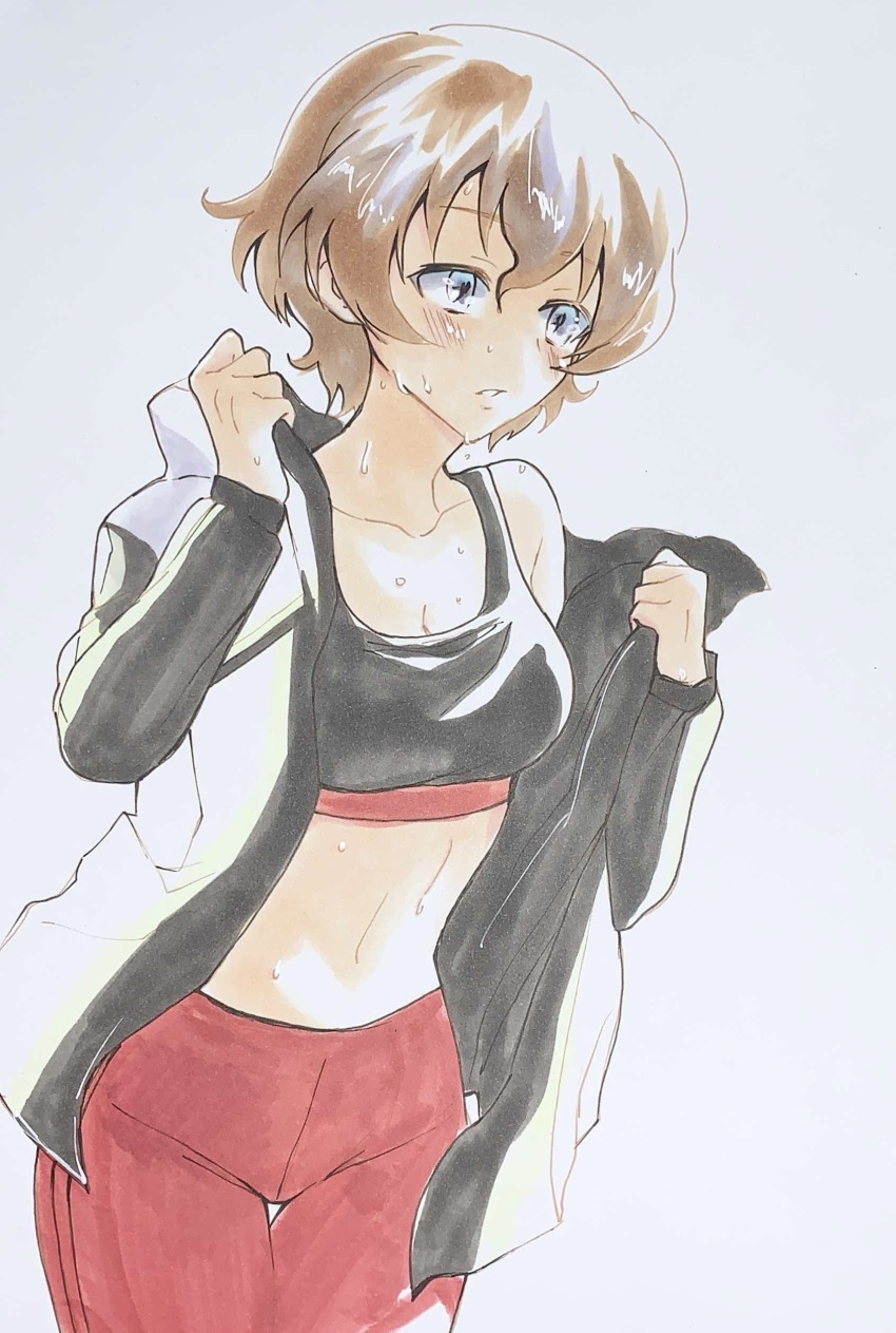 1girl absurdres akaboshi_koume alternate_costume black_sports_bra blush breasts brown_eyes cleavage collarbone commentary_request cowboy_shot curly_hair exercising girls_und_panzer girls_und_panzer_senshadou_daisakusen! grey_background highres jacket jacket_partially_removed leggings looking_to_the_side medium_breasts midriff midriff_peek navel official_alternate_costume open_clothes open_jacket opened_by_self pants parted_lips red_leggings red_pants removing_jacket sawamaru30 short_hair solo sports_bra sportswear sweat sweatdrop track_jacket traditional_media white_jacket