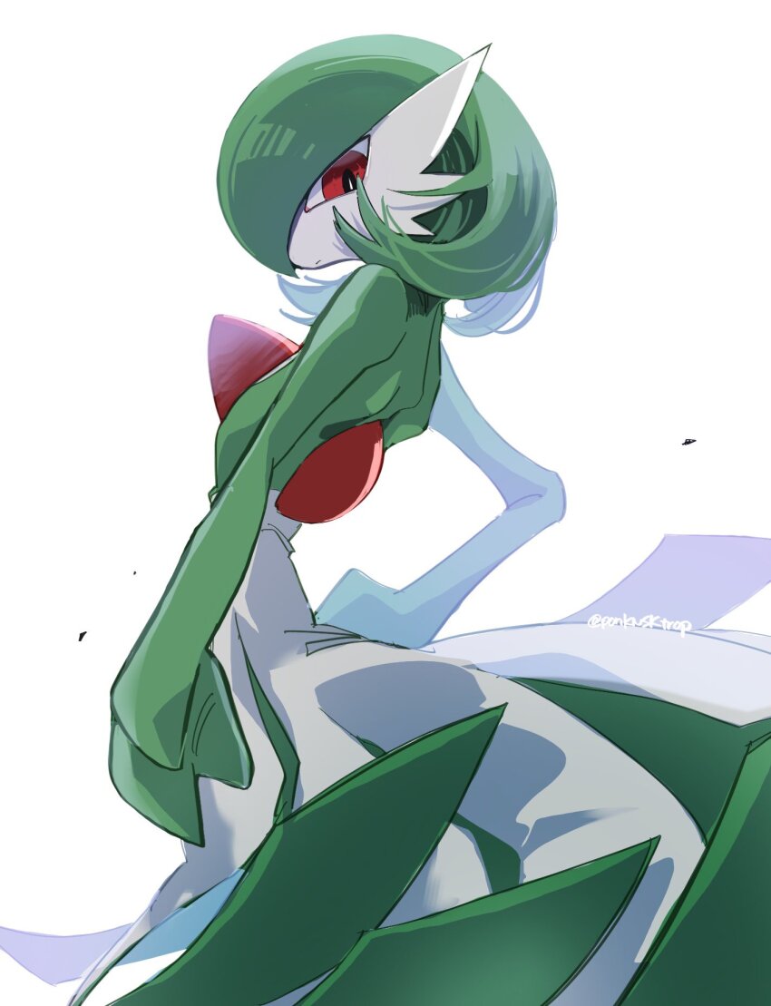 bob_cut colored_skin creatures_(company) dress from_side game_freak gardevoir gen_3_pokemon green_hair green_skin highres looking_at_viewer multicolored_skin nintendo pokemon pokemon_(creature) pon_(ponymmtknsk) red_eyes simple_background two-tone_skin white_background white_dress white_skin