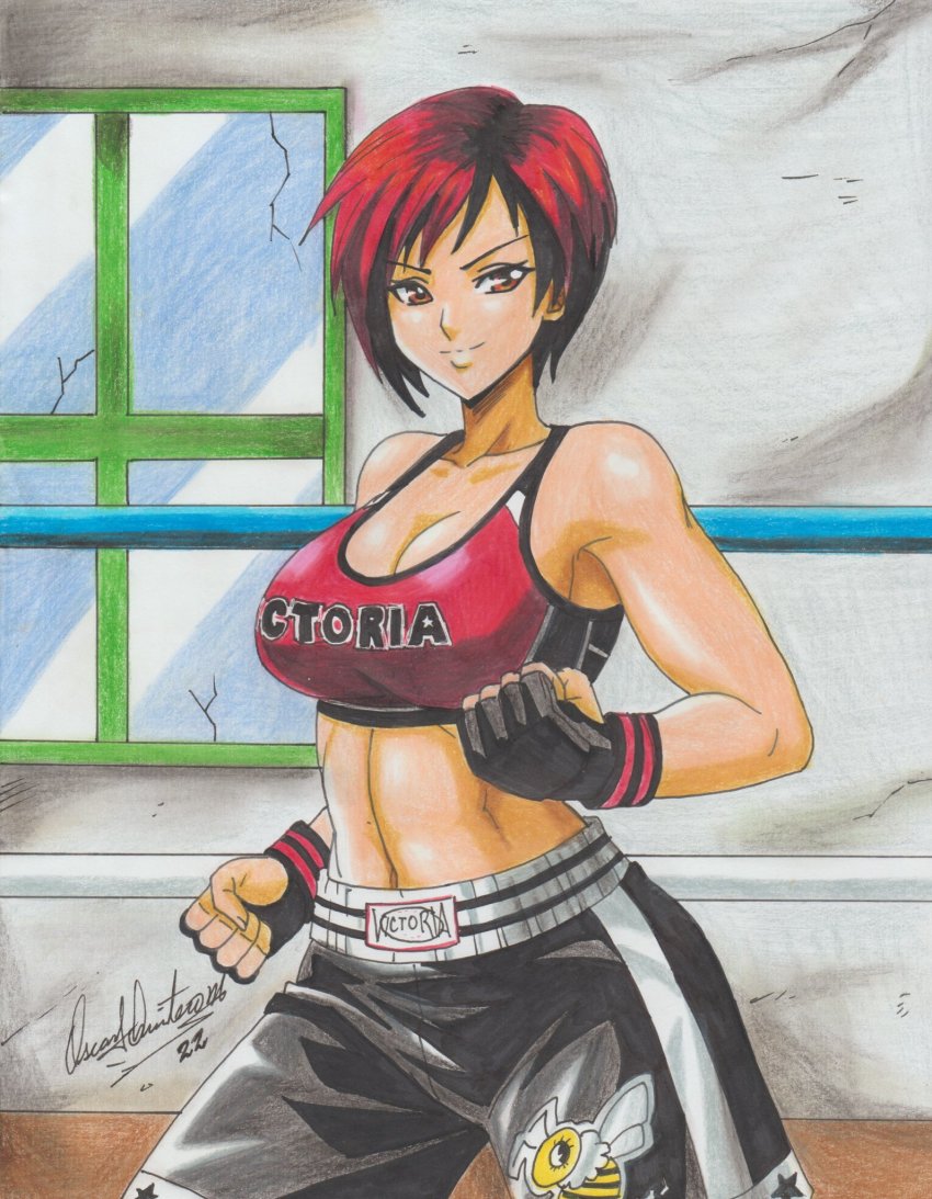 1girl 2022 bare_shoulders breasts dead_or_alive fingerless_gloves gloves highres large_breasts mila_(doa) ravernclouk_design red_hair short_hair shorts sleeveless sports_bra tecmo