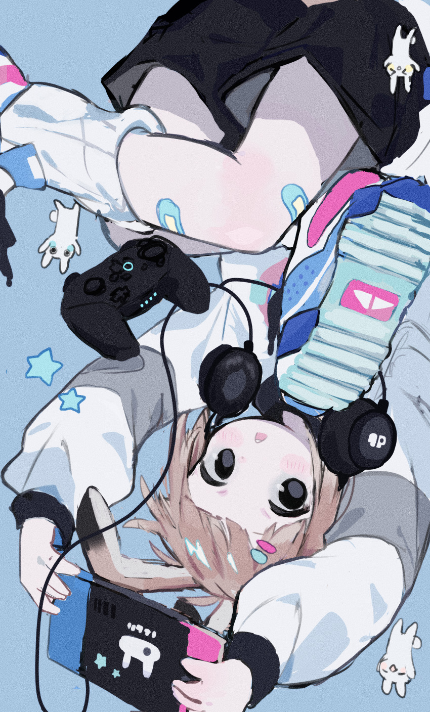 1girl absurdres animal_ears bandaid bandaid_on_leg black_shorts blue_background blue_shorts blunt_bangs blush_stickers commentary_request cotono_(nazekun) film_grain hair_ornament hairclip handheld_game_console headphones headphones_around_neck highres holding holding_handheld_game_console jacket long_sleeves loose_socks nintendo_switch open_mouth original rabbit rabbit_ears shorts socks star_(symbol) triangle_mouth upside-down white_jacket white_socks xbox_controller