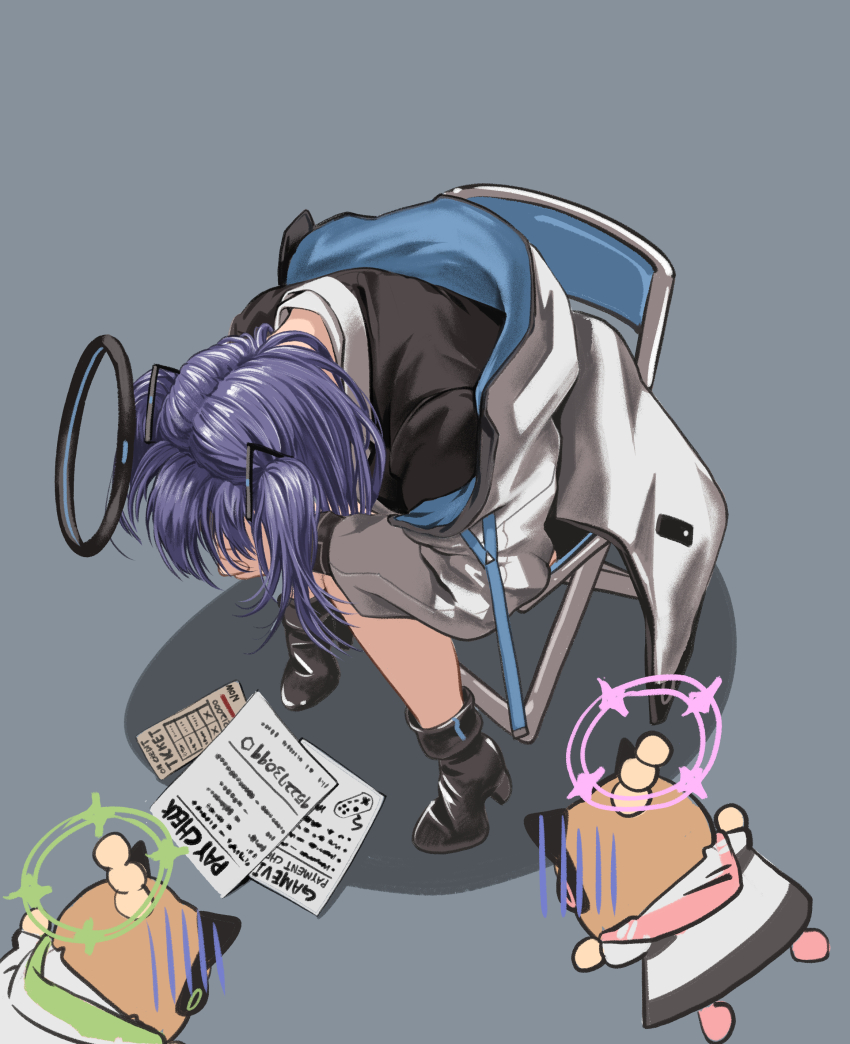 3girls absurdres animal_ear_headphones animal_ears black_footwear black_halo blue_archive boots cat_ear_headphones chair chtv fake_animal_ears green_halo halo headphones highres jacket long_hair long_sleeves mechanical_halo meme midori_(blue_archive) momoi_(blue_archive) multiple_girls pink_halo purple_hair shinji_in_a_chair_(meme) siblings sisters sitting twins two-sided_fabric two-sided_jacket two_side_up yuuka_(blue_archive)