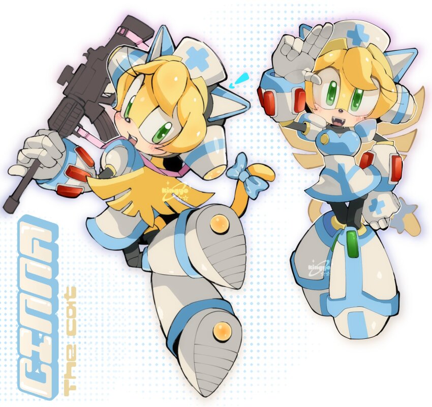 1girl assault_rifle cinnamon_(mega_man) dress full_body furry furry_female green_eyes gun highres holding holding_gun holding_weapon kingyo_ad mega_man_(series) mega_man_x:_command_mission mega_man_x_(series) multiple_views rifle simple_background sonic_(series) weapon white_background white_dress yellow_fur