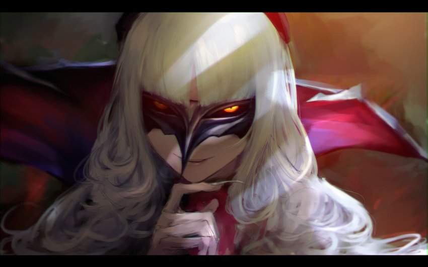 1girl carmilla_(fate) collar fate/grand_order fate_(series) fingernails glowing glowing_eyes hometa letterboxed long_fingernails long_hair looking_at_viewer mask sharp_fingernails smile solo vampire white_hair