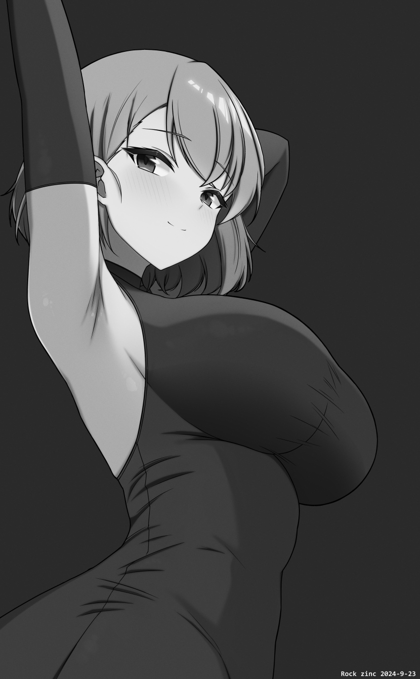 1girl absurdres arm_behind_head armpits arms_up azur_lane bare_shoulders black_bodysuit black_gloves blush bodysuit breasts elbow_gloves gloves greyscale hair_between_eyes highres large_breasts looking_at_viewer looking_back medium_hair monochrome rock_zinc skin_tight smile solo upper_body z23_(azur_lane)