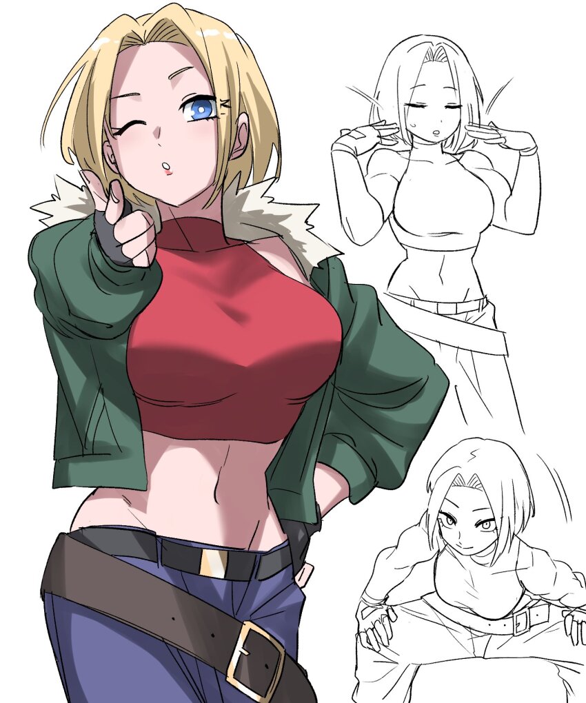 1girl belt blonde_hair blowing_kiss blue_eyes blue_mary breasts fatal_fury fingerless_gloves gloves highres jacket large_breasts midriff multiple_views navel snk solo the_king_of_fighters