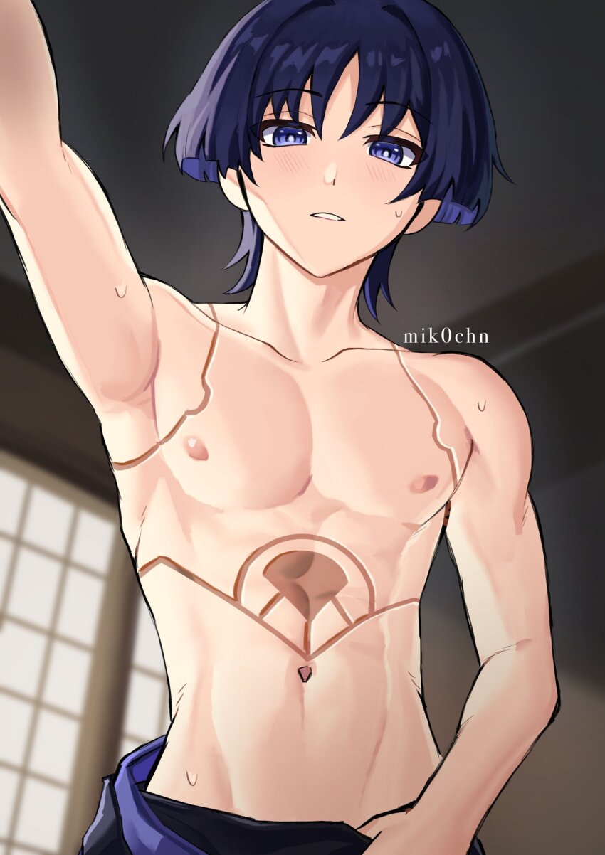 1boy arm_at_side arm_up artist_name bare_shoulders blue_eyes blunt_ends body_markings bright_pupils clothes_down collarbone colored_inner_hair doll_joints finger_under_clothes from_below genshin_impact groin hair_intakes highres holding_cloth indoors joints light_blush looking_at_viewer male_focus mik0chn multicolored_hair navel nipples open_mouth pectorals purple_hair ringed_eyes scaramouche_(genshin_impact) sidelighting sliding_doors solo sweat sweatdrop toned toned_male topless_male wanderer_(genshin_impact) white_mouth white_pupils