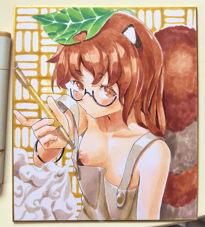 1girl accidental_exposure animal_ears black-framed_eyewear blowing_smoke blush brown_eyes brown_hair commentary_request futatsuiwa_mamizou glasses grey_overalls highres holding holding_smoking_pipe leaf leaf_on_head looking_at_viewer medium_hair nipples no_shirt overalls raccoon_ears raccoon_girl raccoon_tail semi-rimless_eyewear shikishi smoke smoking smoking_pipe solo tail touhou traditional_media under-rim_eyewear upper_body yawdeone yellow_background