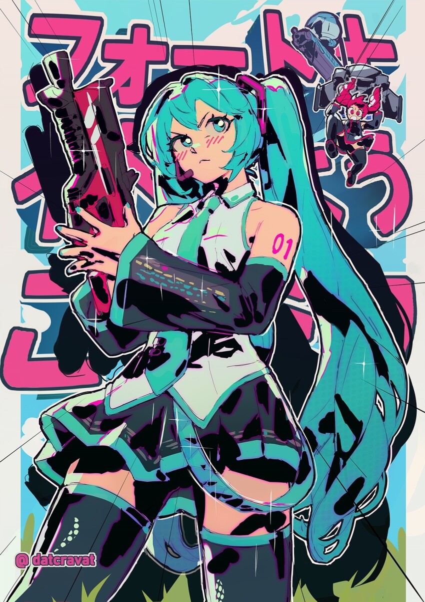 2girls :&lt; aqua_eyes aqua_hair datcravat detached_sleeves fortnite gun hatsune_miku headset highres holding holding_gun holding_weapon kasane_teto light_blush long_hair midair multiple_girls necktie number_tattoo paraglider red_hair skirt tattoo thighhighs twintails utau very_long_hair vocaloid weapon