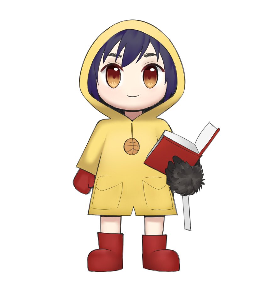 1girl absurdres arm_at_side bakemonogatari bandaged_arm bandages basketball_charm book boots brown_eyes chibi chibi_only closed_mouth commentary cosplay highres holding holding_book hood hood_up jubilee_2025 kanbaru_suruga light_smile long_sleeves looking_at_viewer loose_bandages luce_(jubilee_2025) luce_(jubilee_2025)_(cosplay) mittens monkey_arm monogatari_(series) open_book piancaesar purple_hair rainy_devil red_footwear red_mittens rubber_boots short_hair smile solo straight-on swept_bangs thick_eyebrows tomboy trait_connection yellow_raincoat