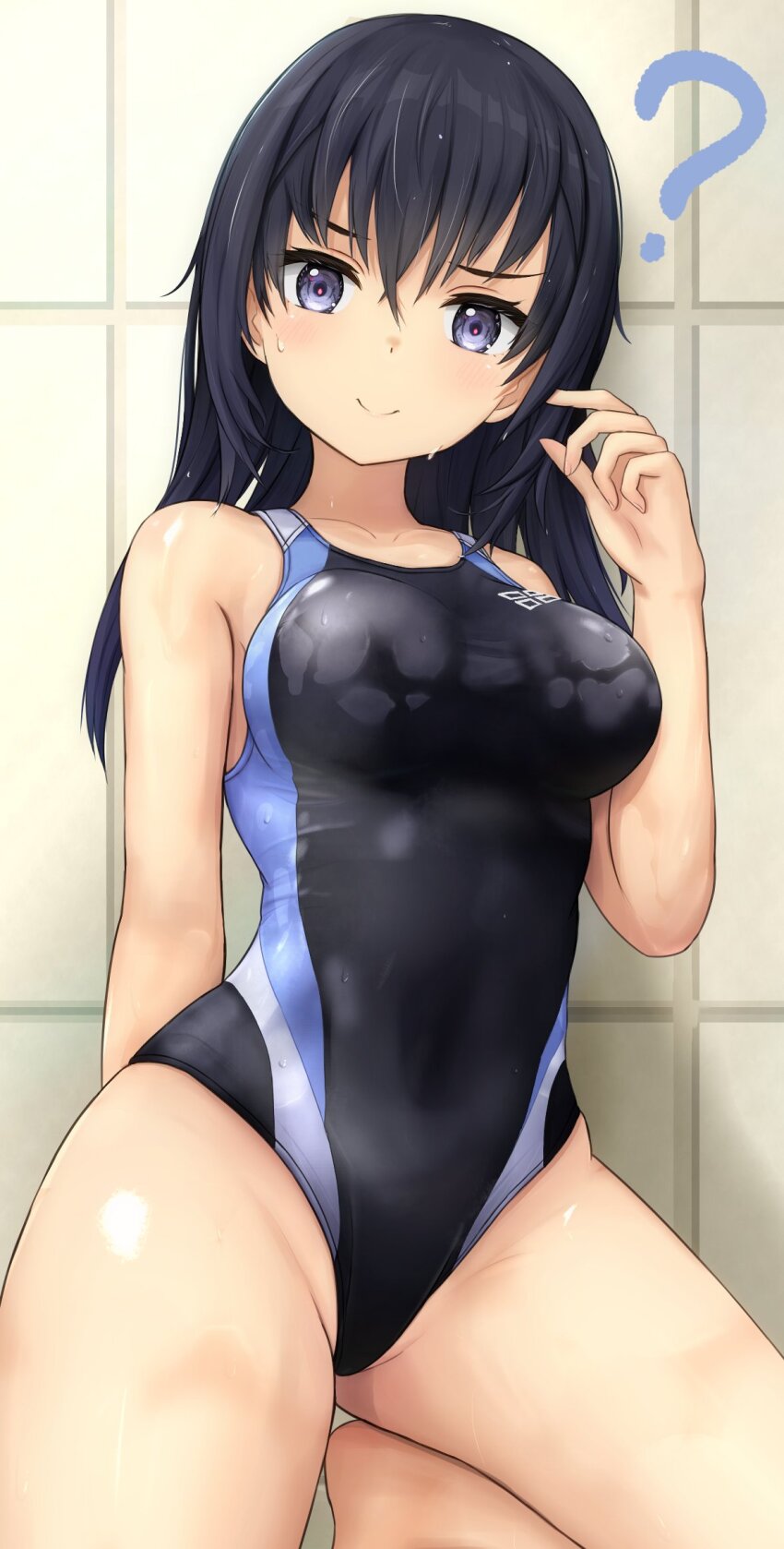 1girl ? alice_gear_aegis bathroom black_hair black_one-piece_swimsuit blue_eyes blush breasts competition_school_swimsuit feet_out_of_frame hair_between_eyes highres indoors kagome_misaki large_breasts long_hair looking_at_viewer medium_breasts mole multicolored_clothes multicolored_swimsuit one-piece_swimsuit purple_eyes school_swimsuit seseragi_(star4rats) smile solo swimsuit tile_wall tiles wet wet_clothes wet_swimsuit