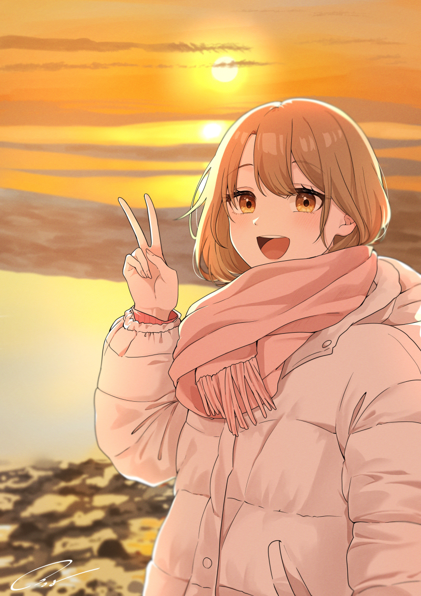 1girl absurdres blonde_hair coat commentary_request highres horizon isshiki_iroha light_(lightpicture33) long_sleeves medium_hair open_mouth orange_sky outdoors parka pink_scarf scarf signature sky smile solo sun sunset v white_coat winter_clothes yahari_ore_no_seishun_lovecome_wa_machigatteiru. yellow_eyes