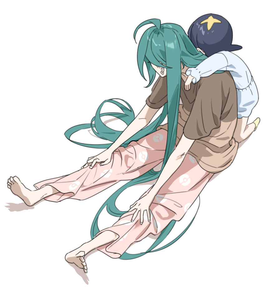 2girls 987645321o ahoge alternate_costume barefoot black_hair brown_shirt child clinging creatures_(company) dress facing_away from_above front-to-back full_body game_freak green_hair hair_down hair_spread_out hands_on_own_knees height_difference highres long_hair multiple_girls nintendo pants pink_pants poke_ball_print pokemon pokemon_sv poppy_(pokemon) rika_(pokemon) shirt short_hair simple_background sitting white_background white_dress