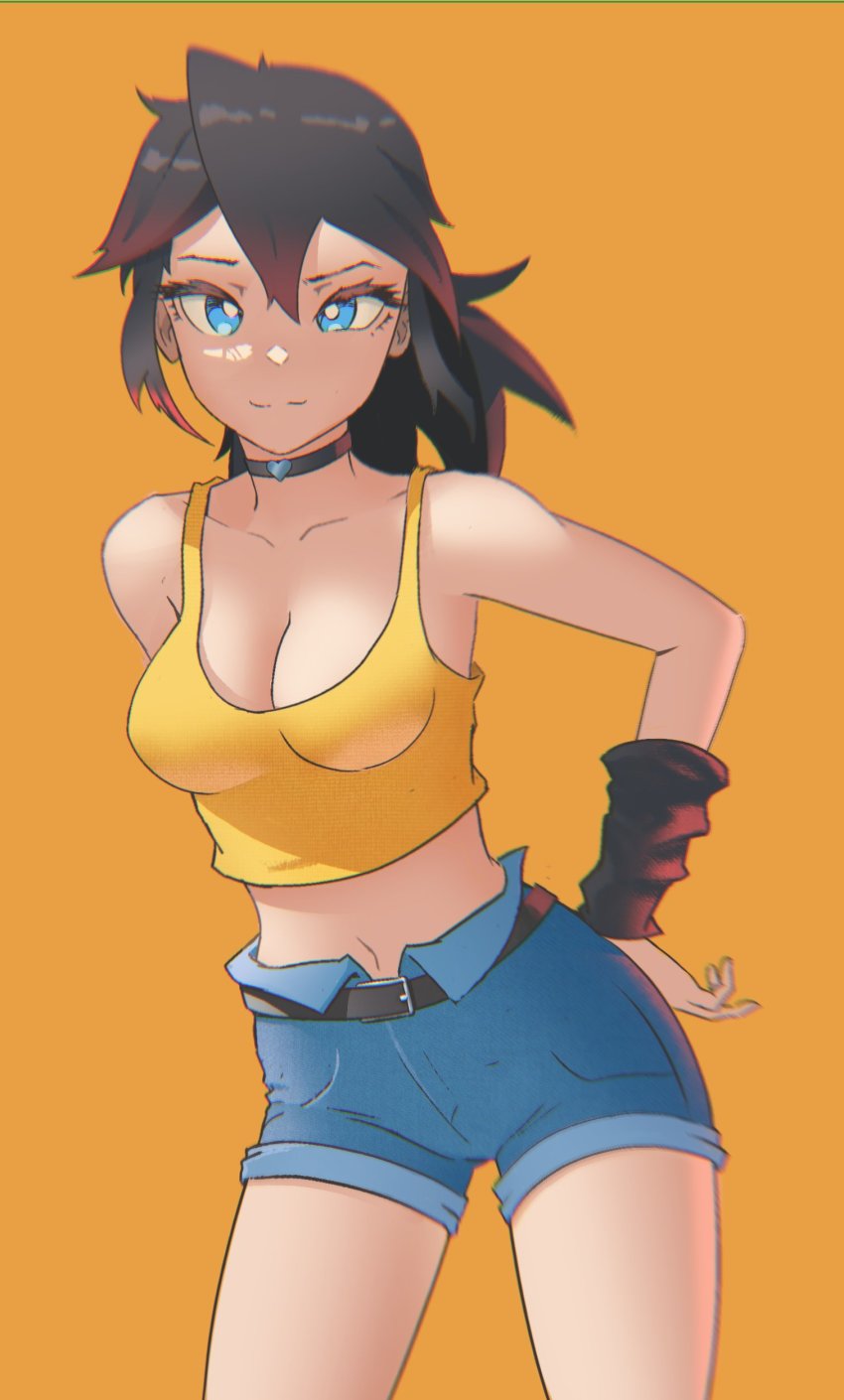 1girl absurdres bad_id bad_twitter_id belt black_belt black_choker black_hair blue_eyes blue_shorts borrowed_character breasts choker cleavage cowboy_shot highres lem looking_at_viewer lucia_(scott_malin) medium_breasts medium_hair midriff navel original ponytail shadow shorts solo tank_top yellow_tank_top