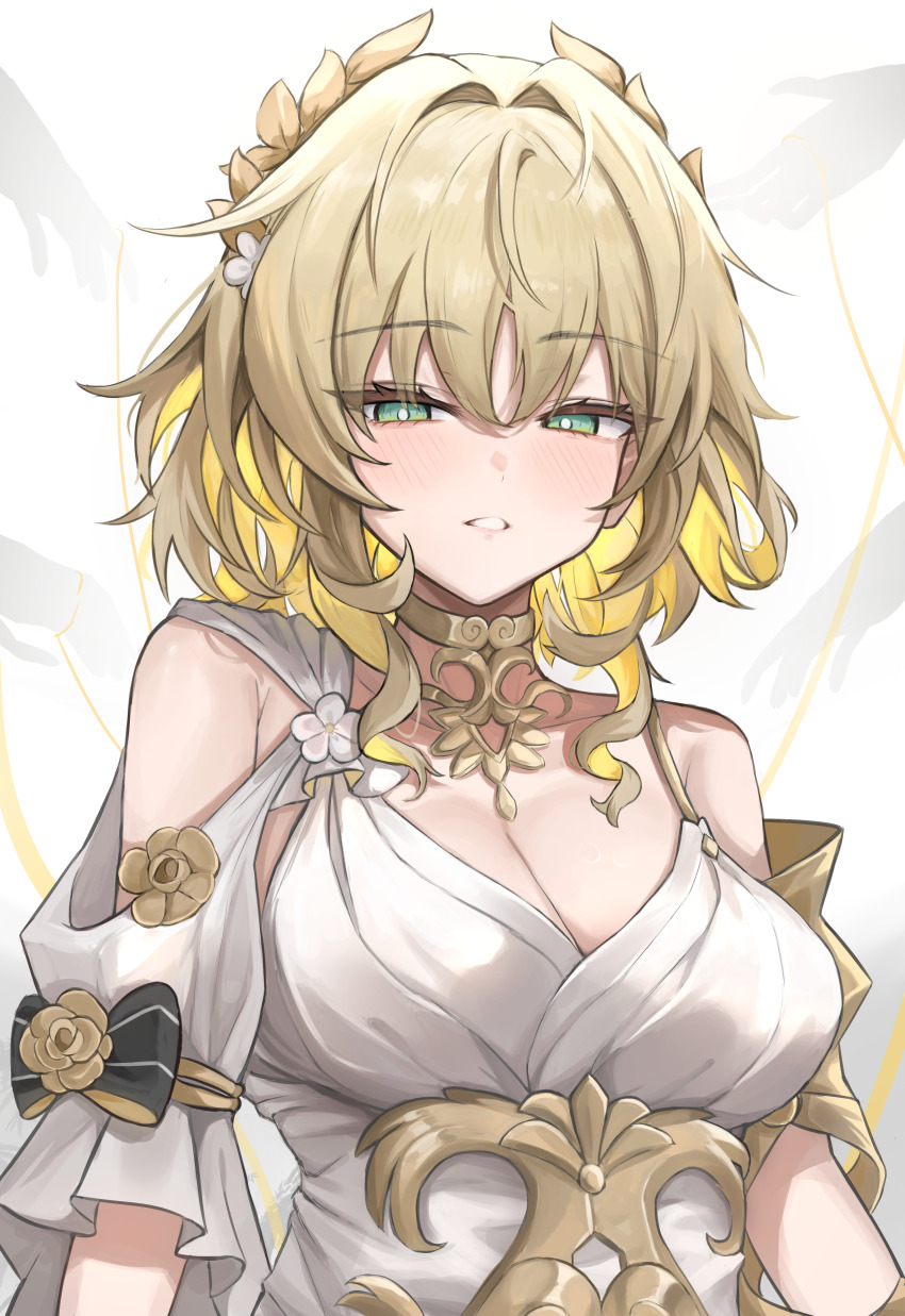 1girl absurdres aglaea_(honkai:_star_rail) ancient_greek_clothes blonde_hair breasts cleavage commentary dress greco-roman_clothes green_eyes highres hoangryu honkai:_star_rail honkai_(series) large_breasts parted_lips short_hair simple_background solo upper_body white_background white_dress