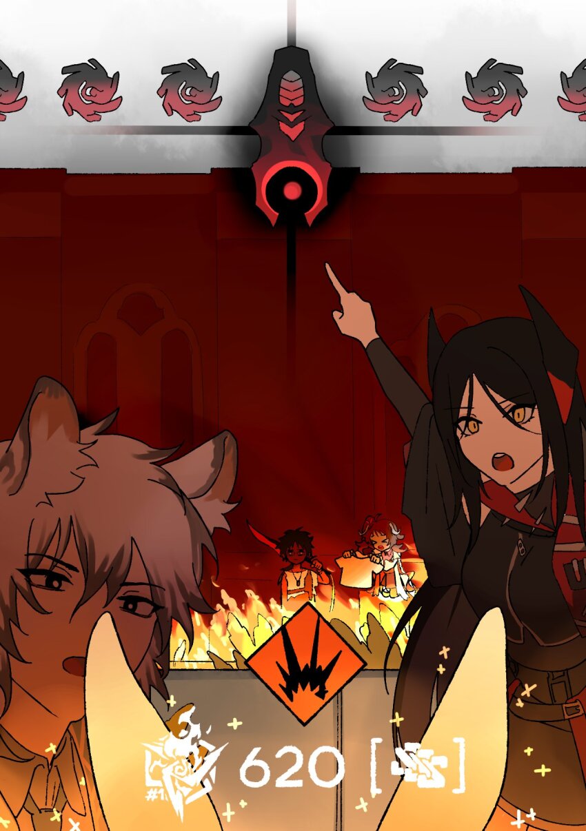 2girls 3boys animal_ear_fluff animal_ears arknights black_dress black_hair commentary demon_horns dress english_commentary eyjafjalla_(arknights) eyjafjalla_the_hvit_aska_(arknights) fire furiwo gameplay_mechanics grey_hair highres horns ines_(arknights) leopard_boy leopard_ears long_hair long_sleeves looking_at_viewer meme mlynar_(arknights) multicolored_horns multiple_boys multiple_girls parted_bangs pointing pointing_up pov silverash_(arknights) snow_leopard_boy snow_leopard_ears snow_leopard_tail thorns_(arknights) two-tone_horns two_soyjaks_pointing_(meme) upper_body white_hair yellow_eyes