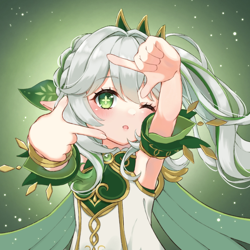 1girl :o armpits blush bracelet cape commentary_request dress eyelashes finger_frame genshin_impact gold_trim green_background green_cape green_eyes green_hair green_sleeves hair_between_eyes hair_ornament hands_up highres jewelry leaf_hair_ornament long_hair looking_at_viewer multicolored_hair nahida_(genshin_impact) natsumi_927 one_eye_closed parted_lips pointy_ears sleeveless sleeveless_dress solo star-shaped_pupils star_(symbol) striped_hair symbol-shaped_pupils two-tone_hair upper_body white_dress white_hair