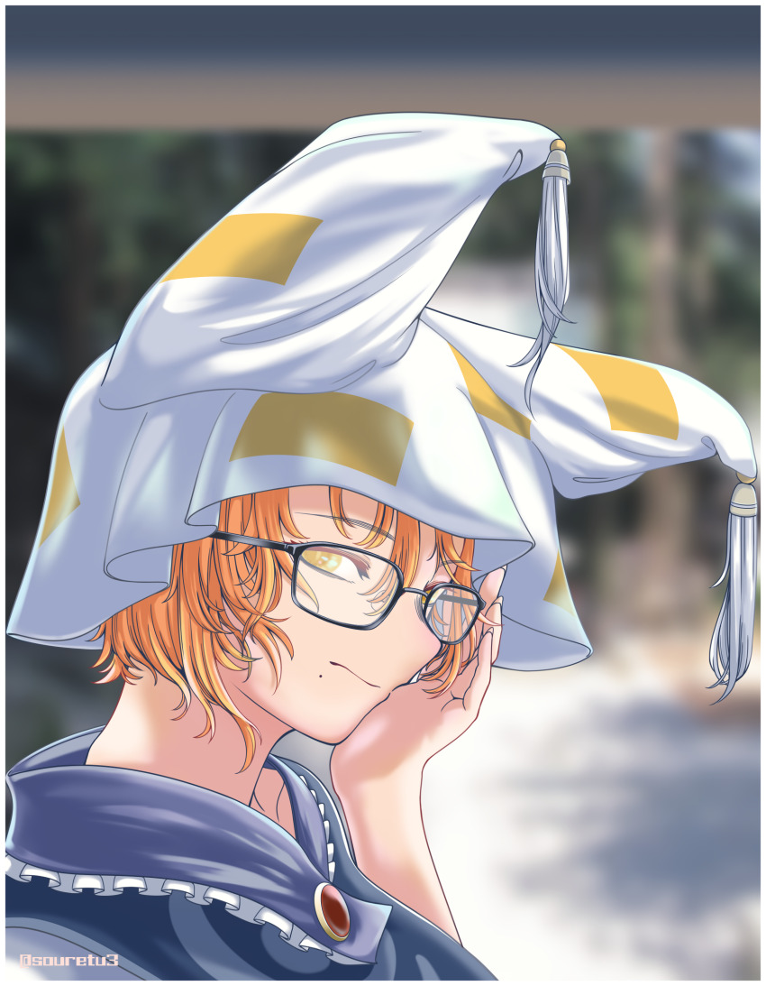 1girl bespectacled black-framed_eyewear blue_tabard blurry blurry_background border commentary_request expressionless from_side glasses hair_between_eyes hand_on_own_face hand_up hat highres looking_at_viewer mole mole_under_mouth orange_hair short_hair solo soretsu_nitohei tabard tassel touhou twitter_username upper_body white_border white_hat yakumo_ran yellow_eyes