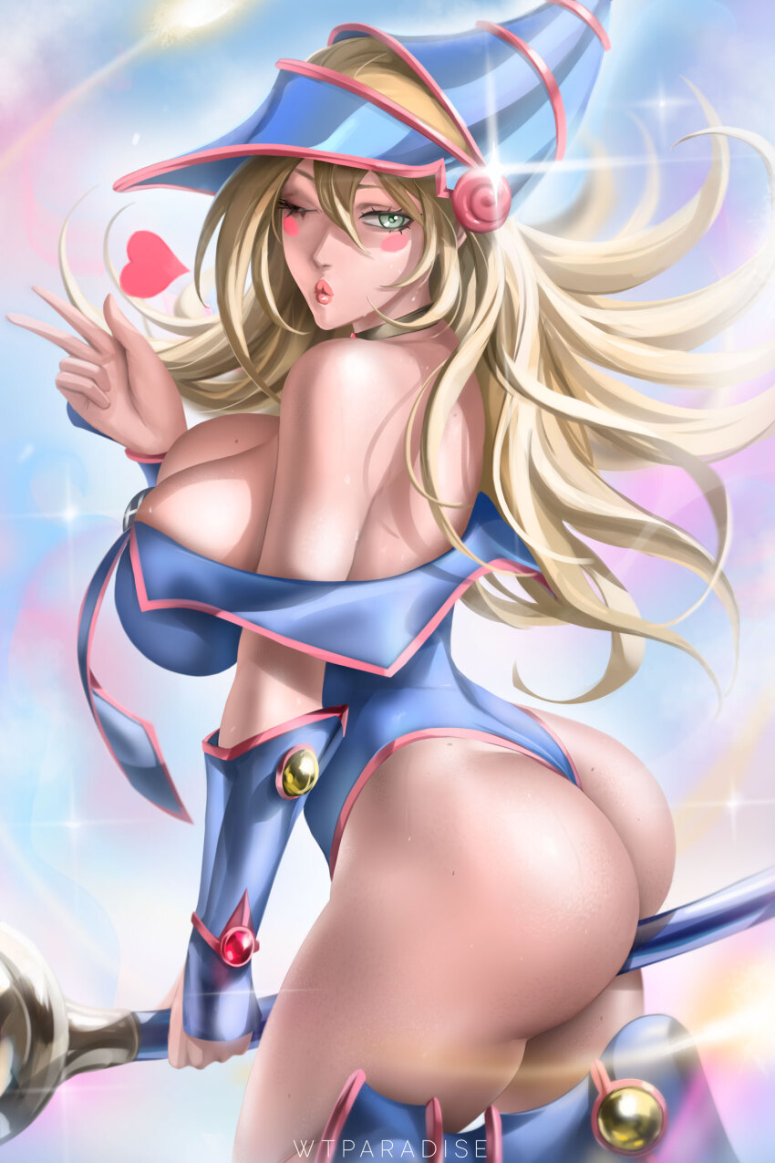 1girl artist_name ass bare_shoulders between_buttocks between_legs blonde_hair blowing_kiss blue_footwear blue_hat blue_leotard blush_stickers breasts cleavage dark_magician_girl duel_monster from_side green_eyes hair_between_eyes hat heart highleg highleg_leotard highres holding holding_wand large_breasts leotard long_hair looking_at_viewer looking_to_the_side one_eye_closed solo thong_leotard wand wizard_hat wtparadise yu-gi-oh!